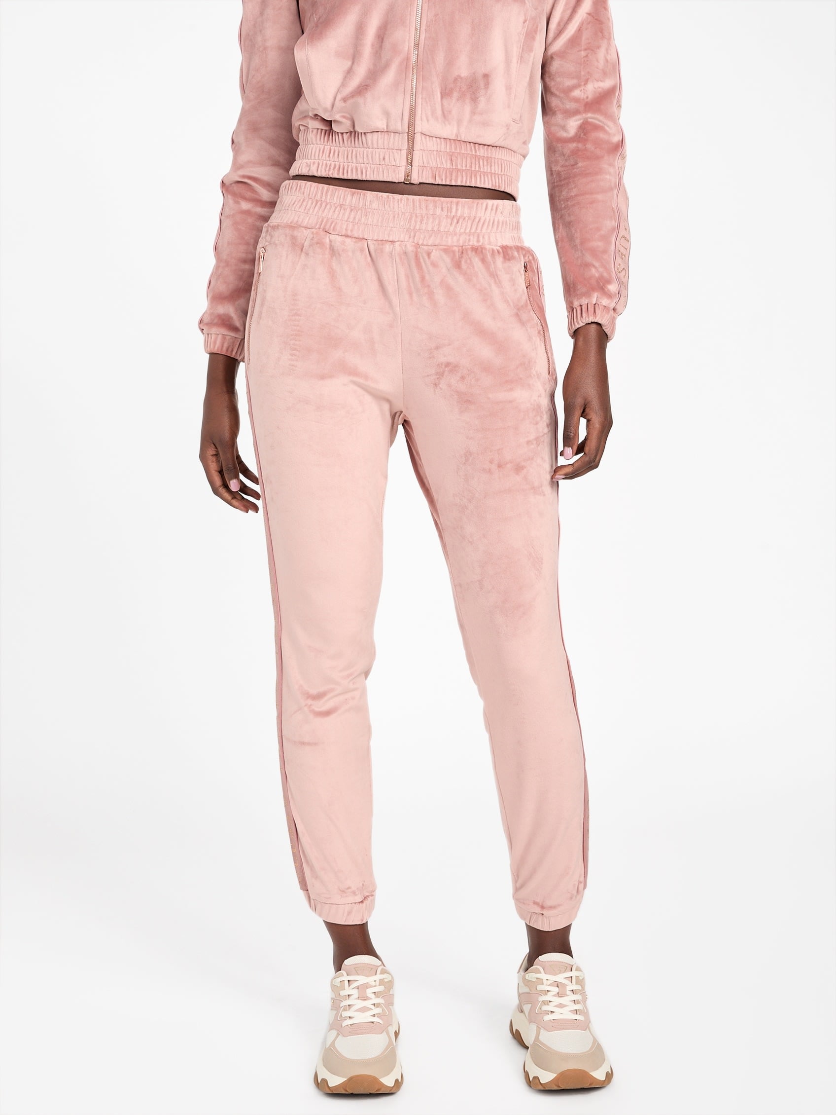 

Велюровые спортивные брюки Eco Janess с логотипом и лентой Guess Factory, цвет roasted chestnut