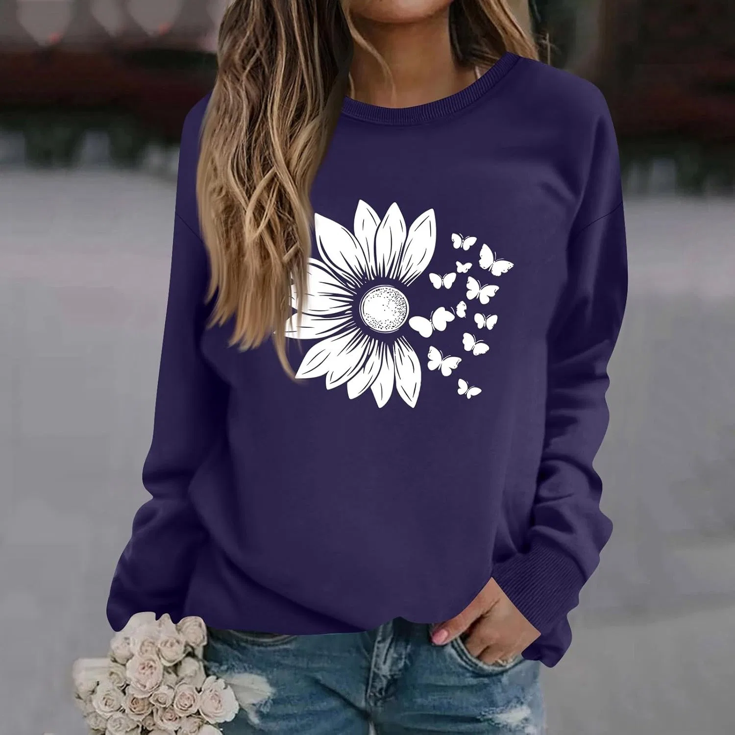 Женская толстовка с цветочным принтом, свободный крой, 2-dark Purple — фото 2