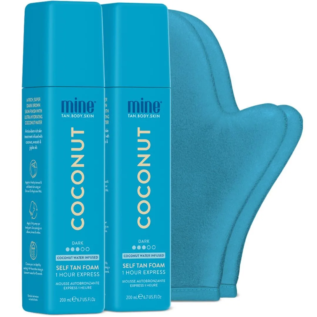 MineTan Coconut Duo набор для автозагара | Express 1 Hour - 2 мусса Coconut Sunless Tanner, варежка для нанесения и перчатка для пилинга Minetan Body.Skin, Dark