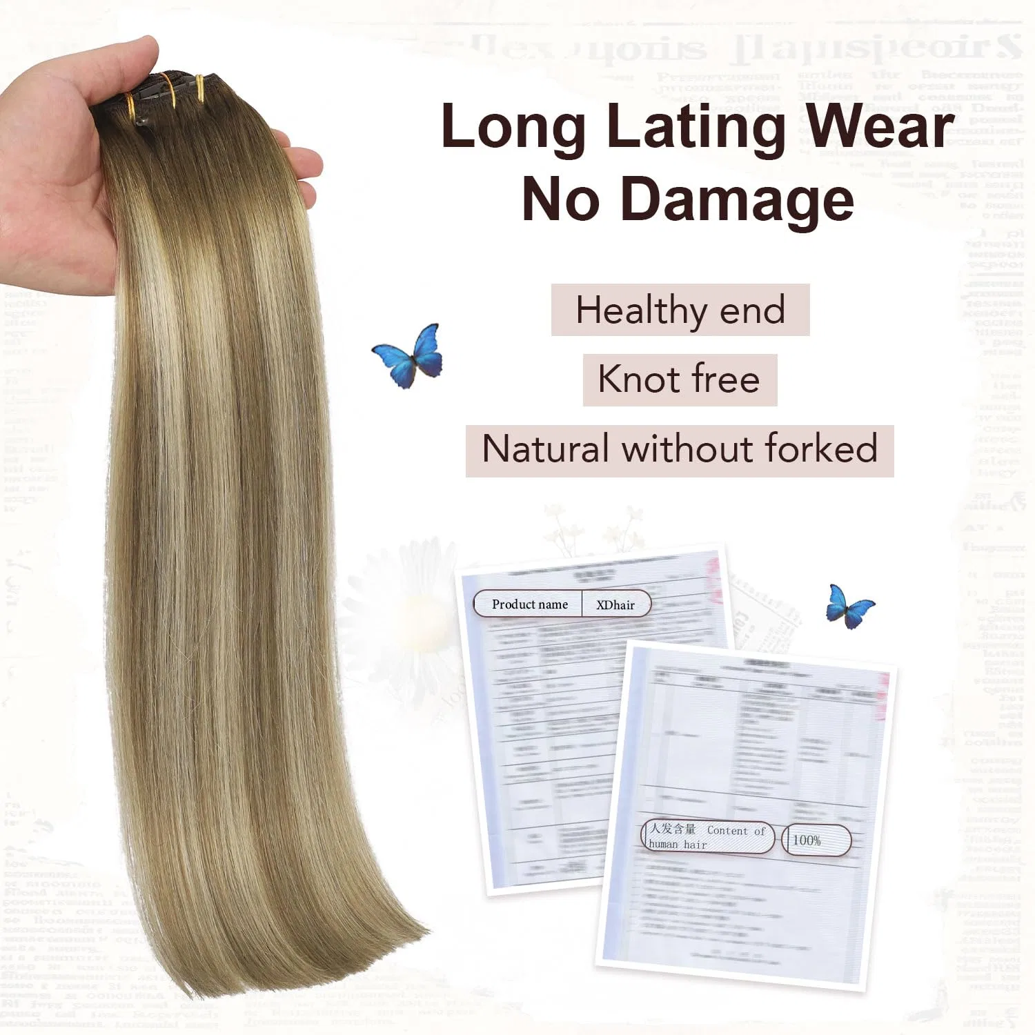 Набор накладных прядей XDhair Clip-In из натуральных волос, 40 см, 100 г Xdhair, #3/8/22 Walnut Brown To Ash Brown And Light Blonde — фото 3