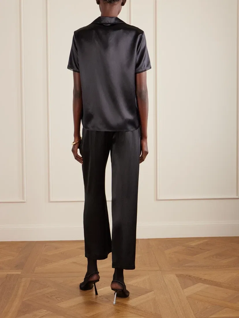 Шелковая атласная рубашка с кружевной отделкой SAINT LAURENT, черный — фото 3