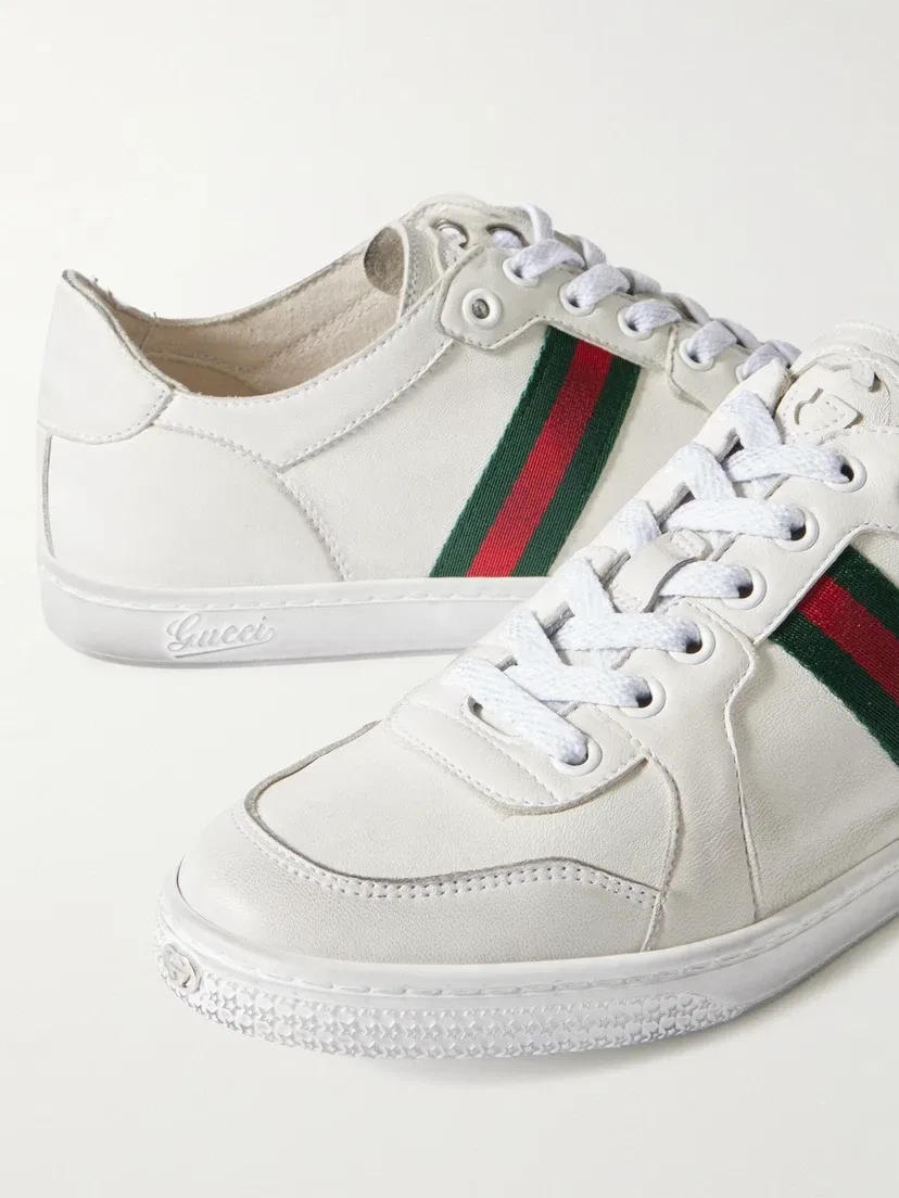Кожаные кроссовки GUCCI с окантовкой из эластичной состаренной тесьмы, белый — фото 4