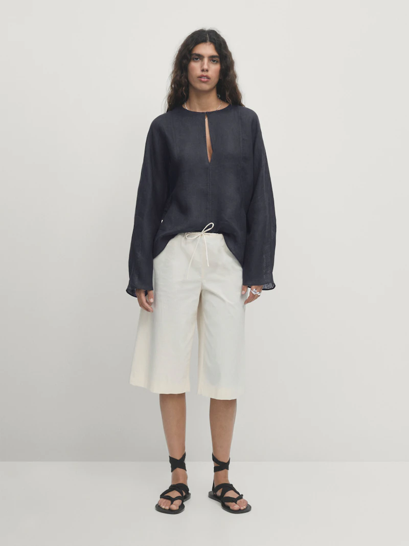 

Блузка из 100% льна с v-образным вырезом Massimo Dutti, зеленый