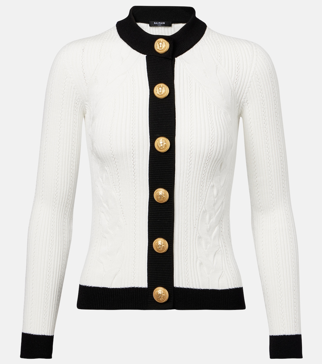 Кардиган с косой вязкой Balmain, Blanc/Noir