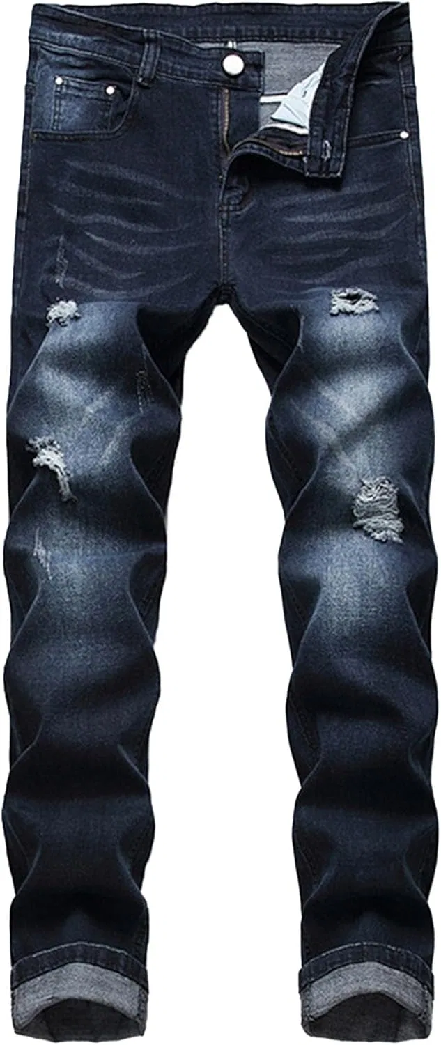 Джинсы прямые slim-fit с рваными элементами, синие
