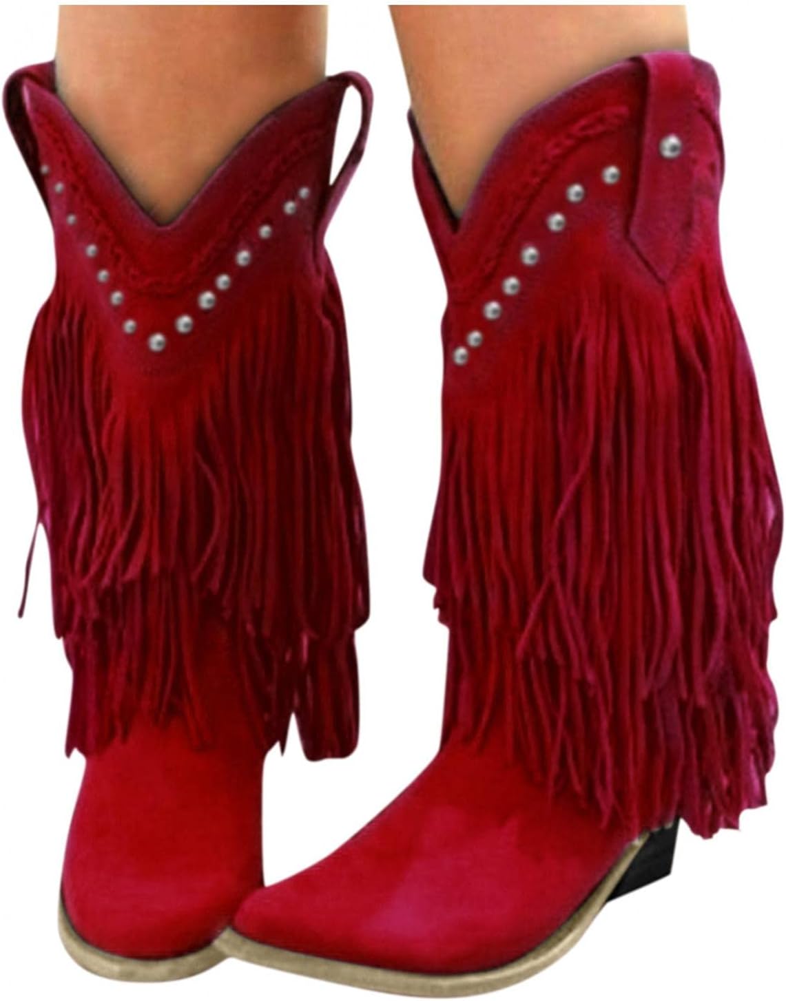 

Женские ковбойские ботинки Hbeylia с кисточками, винтажные, квадратный носок, средний каблук, красный