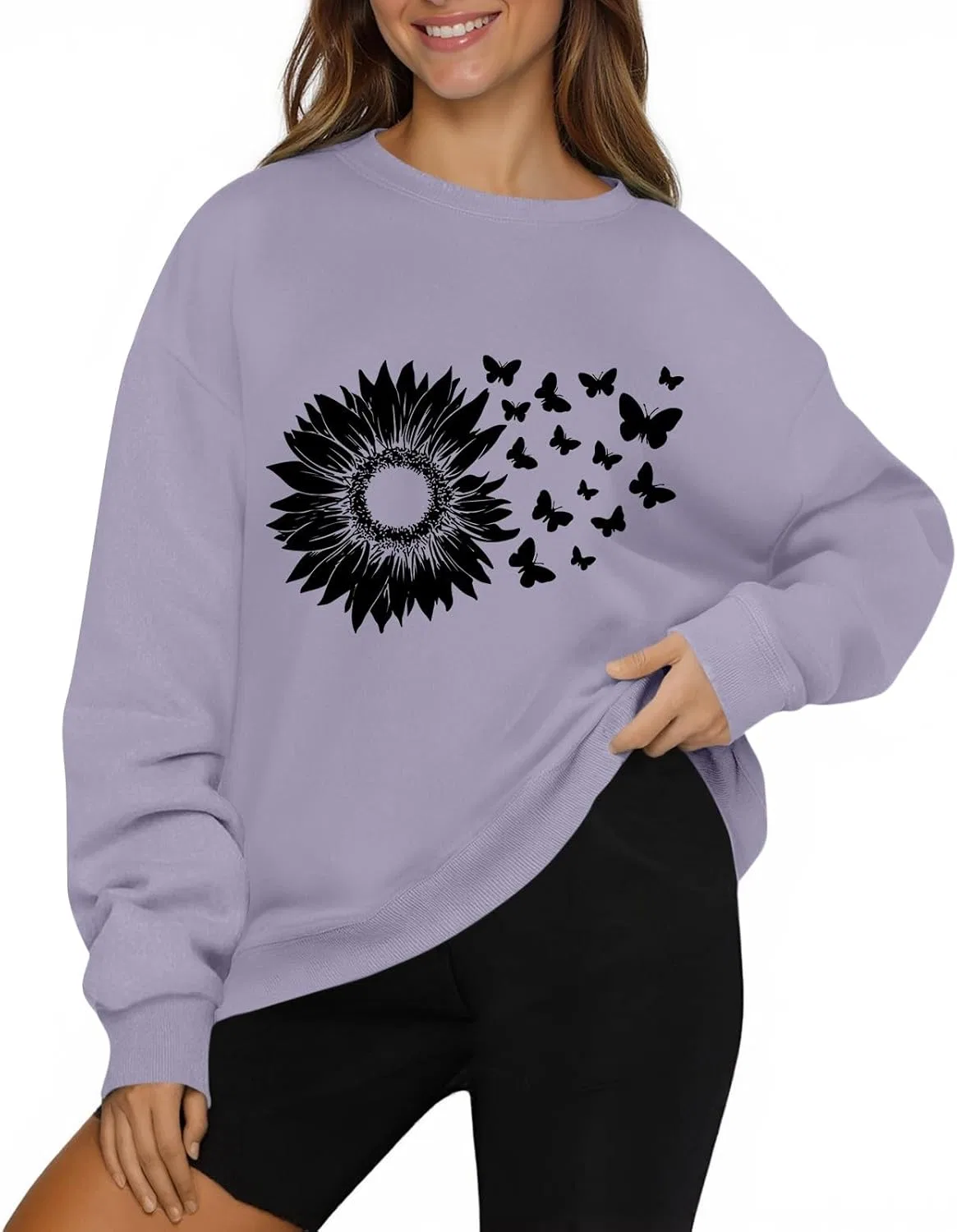 Женский свитшот с цветочным принтом, свободный крой, длинный рукав, 1-purple — фото 2