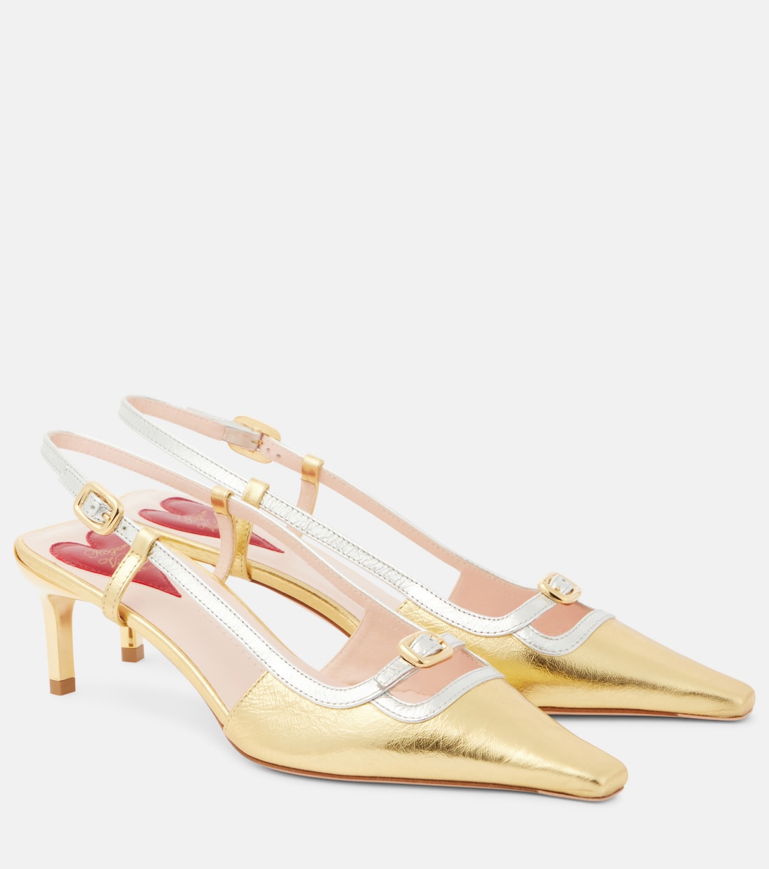 Туфли-лодочки Viv' Canard из металлизированной кожи с ремешком на пятке Roger Vivier, Oro Chiaro