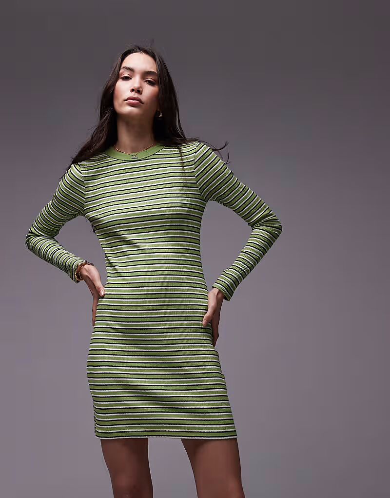 

Topshop - Мини-платье с длинными рукавами в зеленую полоску
