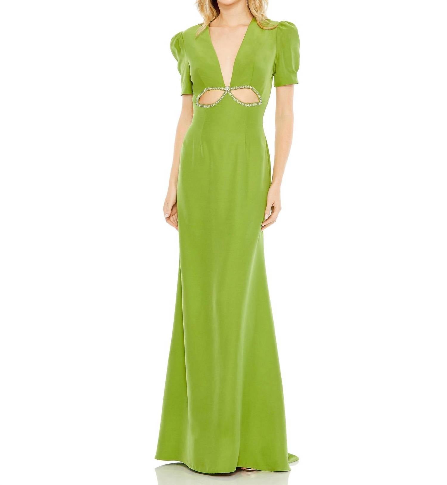 

Платье с глубоким вырезом, пышными рукавами и ажурными вставками в яблочно-зеленом цвете Mac Duggal