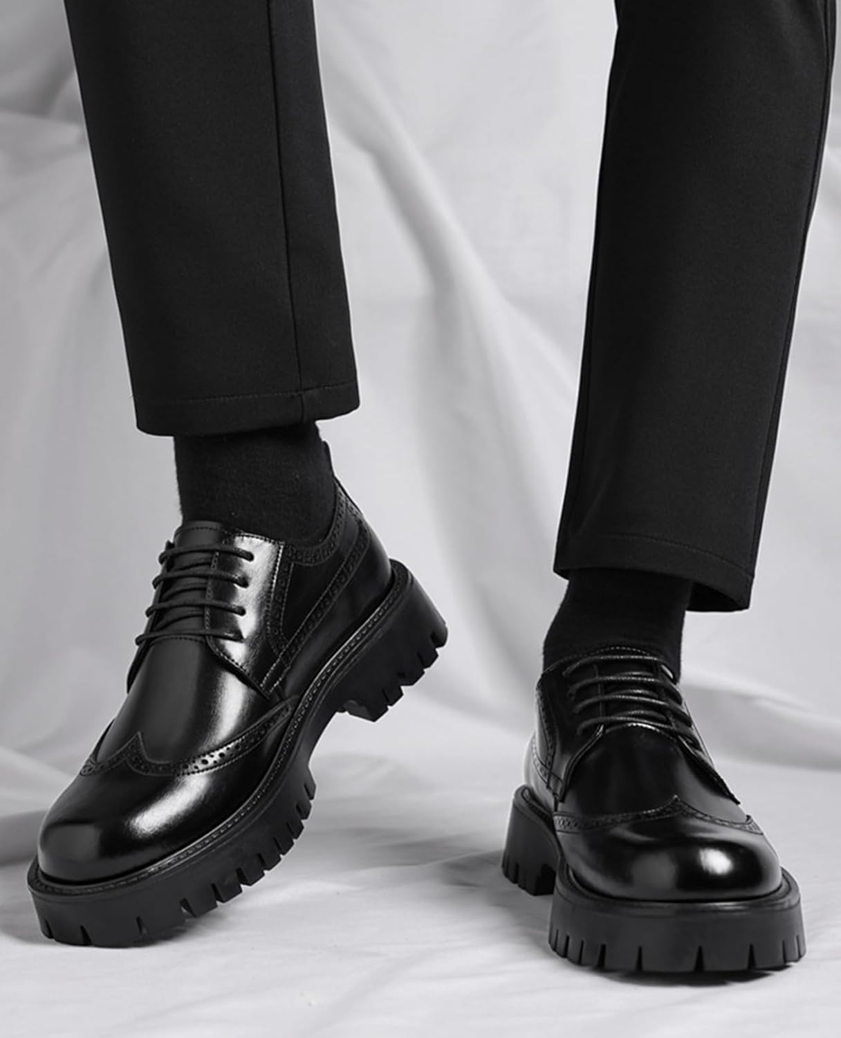 Мужские кожаные туфли на платформе Oxfords, винтажные, с круглым носком, массивной подошвой, повседневные туфли с крылышками, броги, бизнес-туфли для работы и офиса, дерби Xiaoguli, черный — фото 3