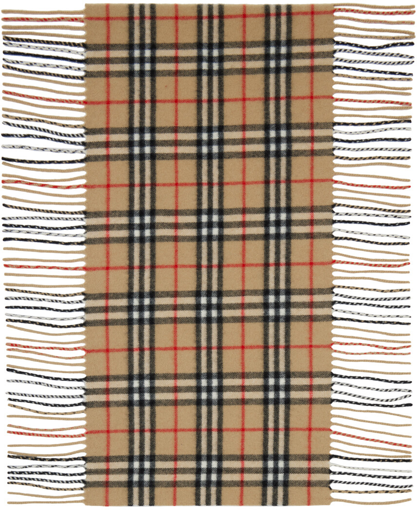 

Бежевый кашемировый шарф в клетку с бахромой Burberry