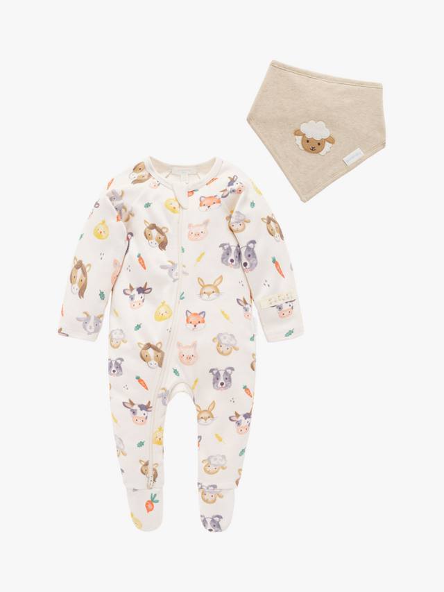 

Детский хлопковый комбинезон и набор слюнявчиков Purebaby, Farm Friends Print