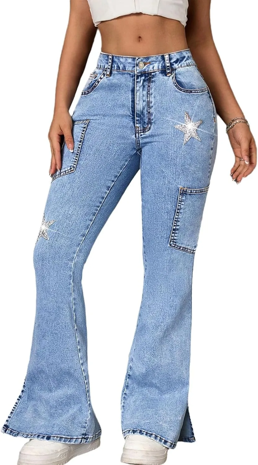 

Женские карго джинсы с потертостями и стразами MRNYQBM