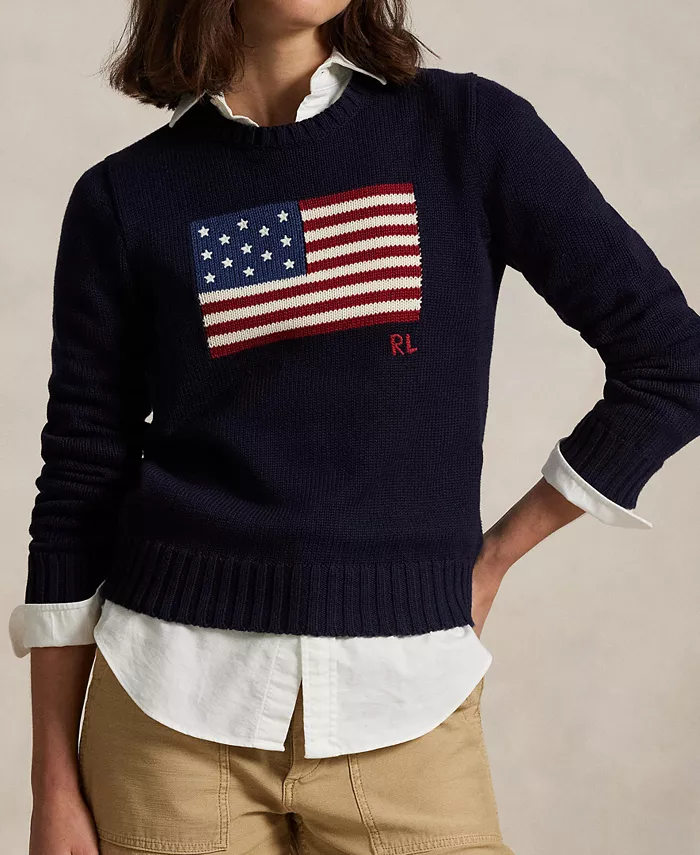 Женский хлопковый свитер с круглым вырезом Flag Polo Ralph Lauren, синий — фото 3
