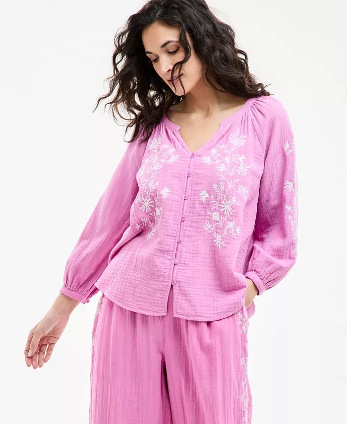 

Блузка из хлопка с текстурой и цветочной вышивкой Petite Style & Co, розовый