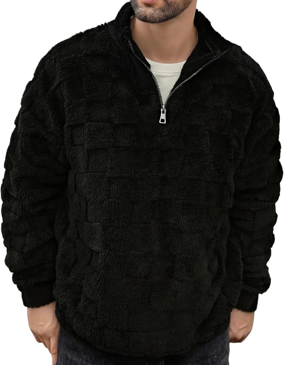 Мужской флисовый свитер-полузип с пушистым ворсом