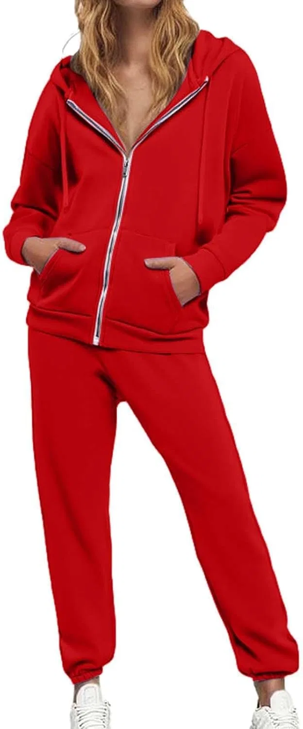 Женский спортивный костюм из флиса, оверсайз, с капюшоном и молнией, Red