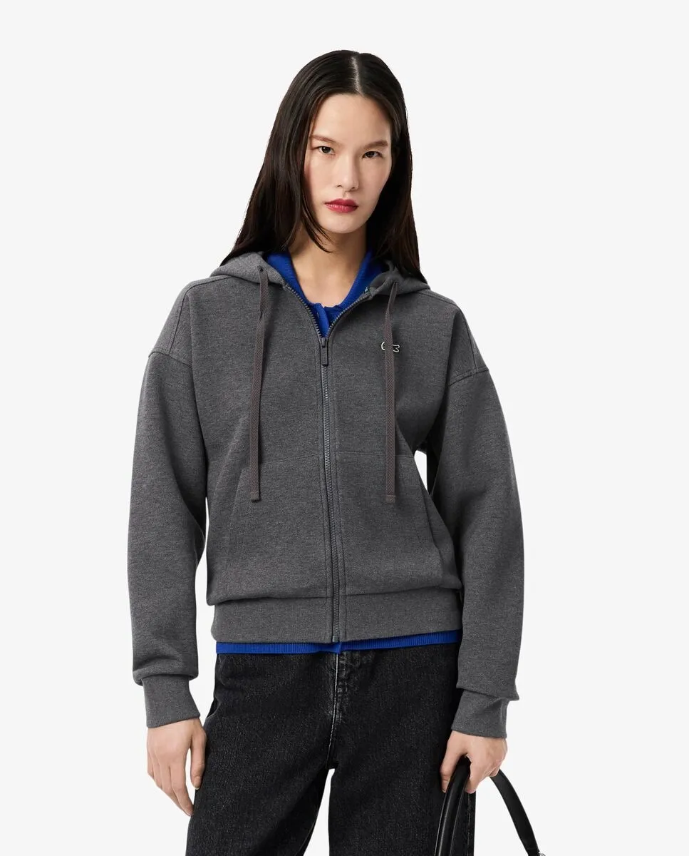 

Женская толстовка с капюшоном из пике на молнии Lacoste, светло-серый