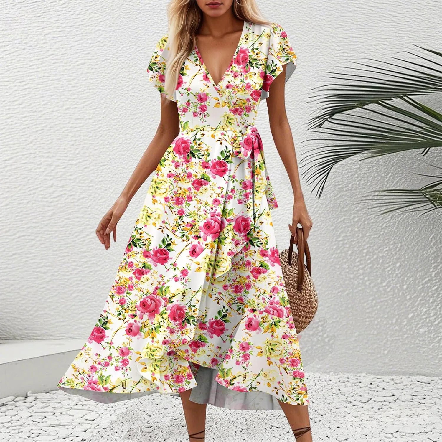 Платье с цветочным принтом для женщин, V-образный вырез, короткие рукава, струящееся, миди, винтажное, элегантное, классическое, А-силуэт, для отдыха и пляжа Generic, розовый — фото 2