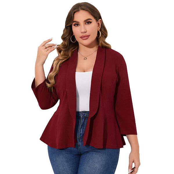 

Повседневный блейзер Plus size для женщин, открытый, легкий, для офиса Clearflower, Wine Red