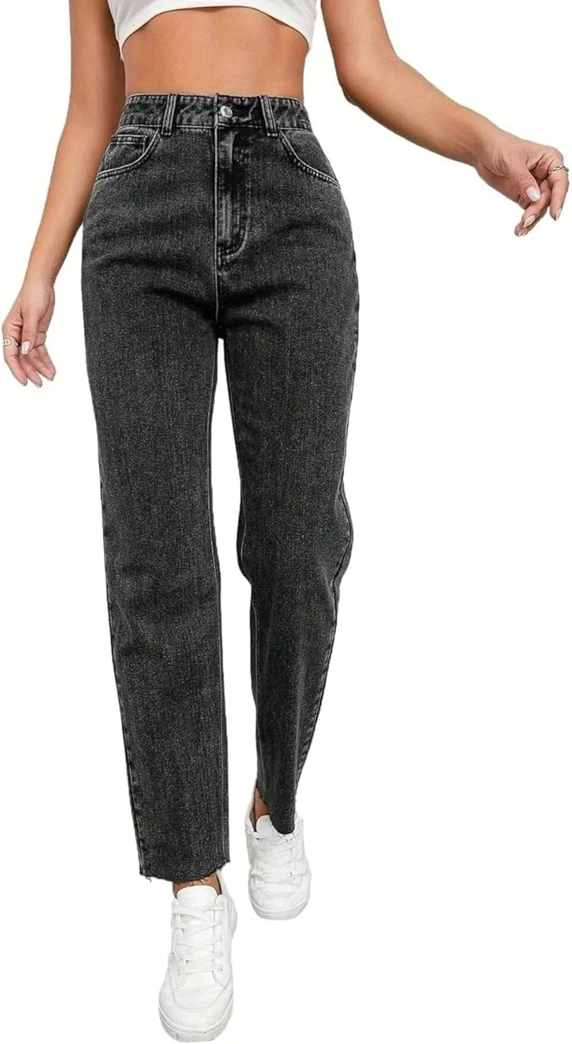 

Женские джинсы с высокой талией и прямыми штанинами KKSONG