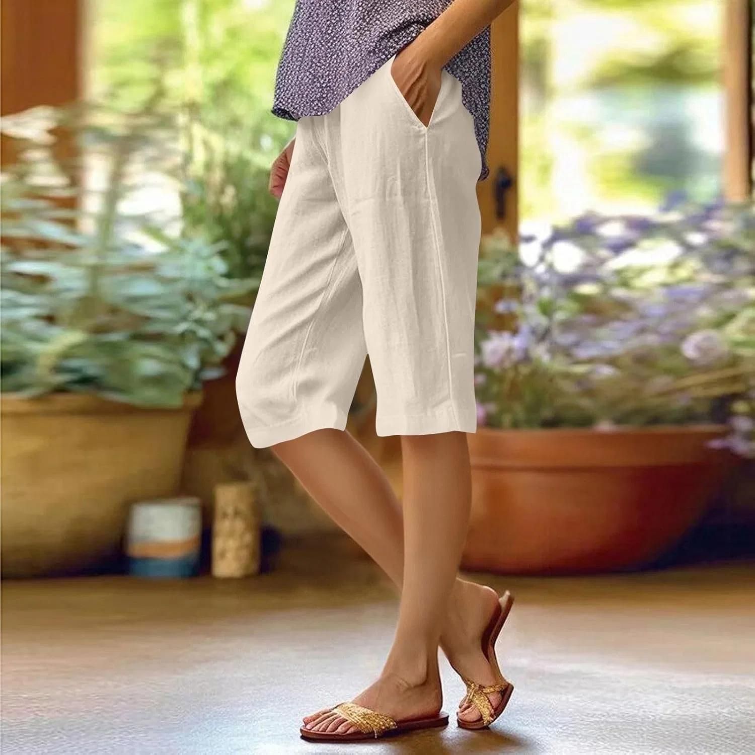 Active шорты для женщин Linen Bermuda Shorts с карманами, Am002-beige — фото 2