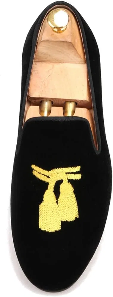 Лоферы с кисточками Black Velvet Gold Embroidered Tassel, черный FERUCCI