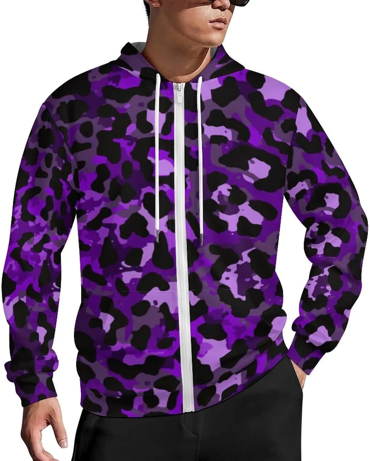 Худи с леопардовым принтом Purple Leopard Print, застежка-молния, оверсайз