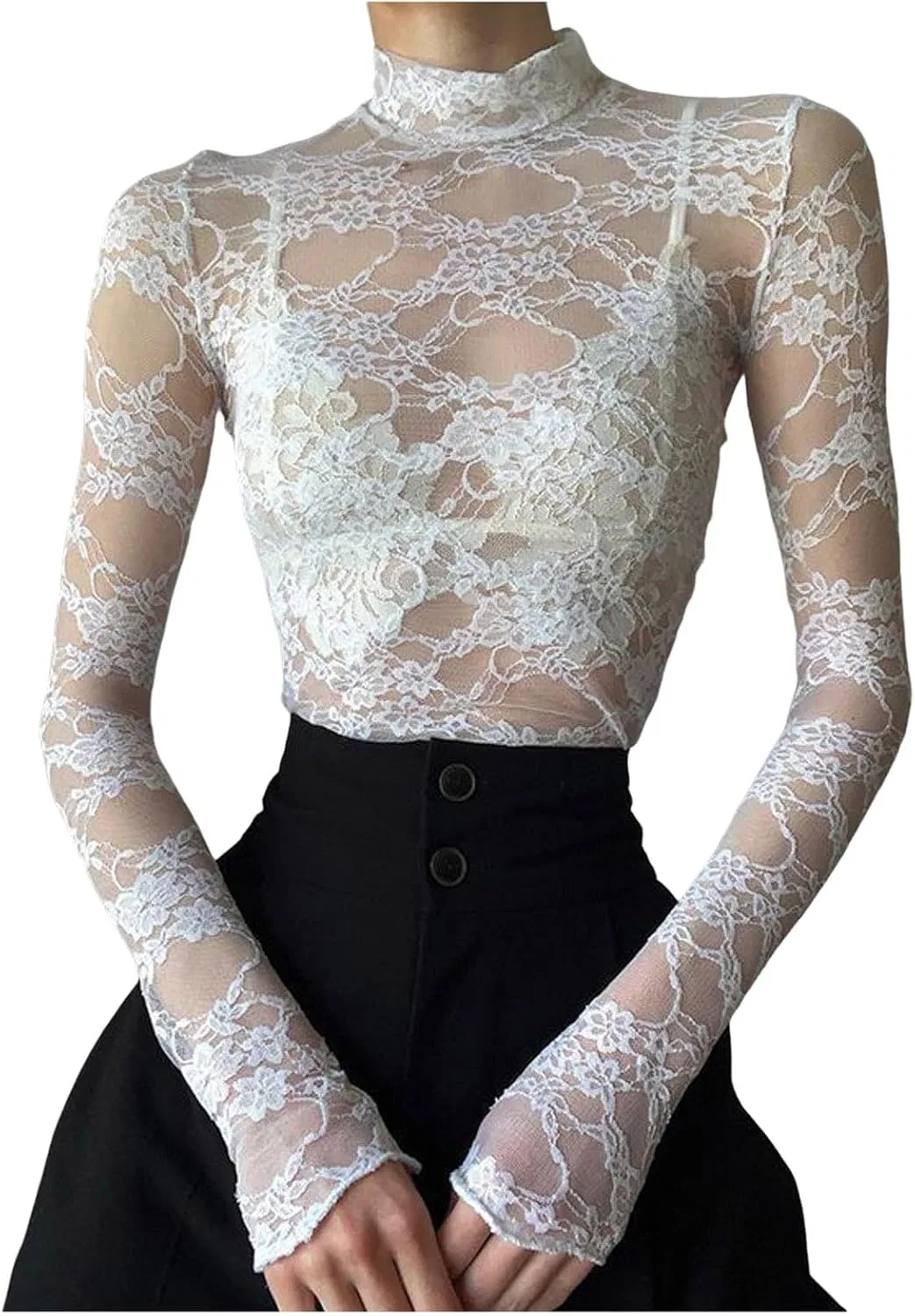 Блузка с кружевом, длинный рукав, белый