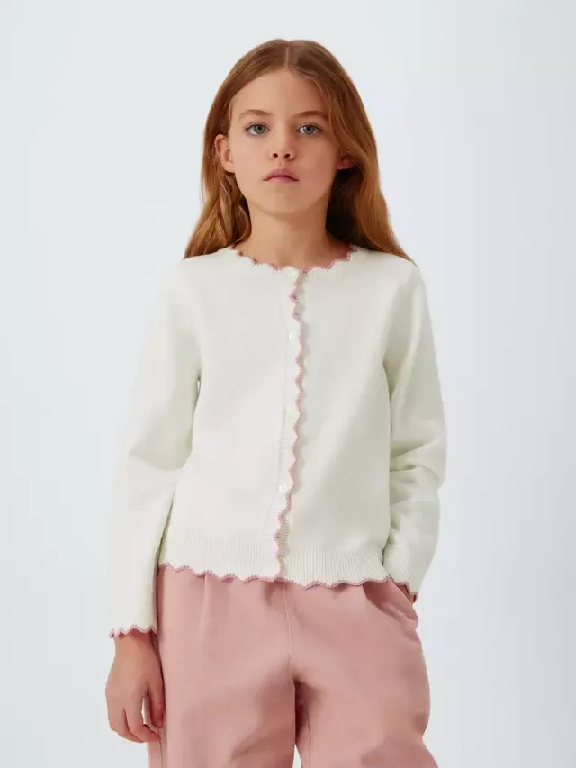 Детский кардиган с круглым вырезом и фестончатой отделкой, белый John Lewis