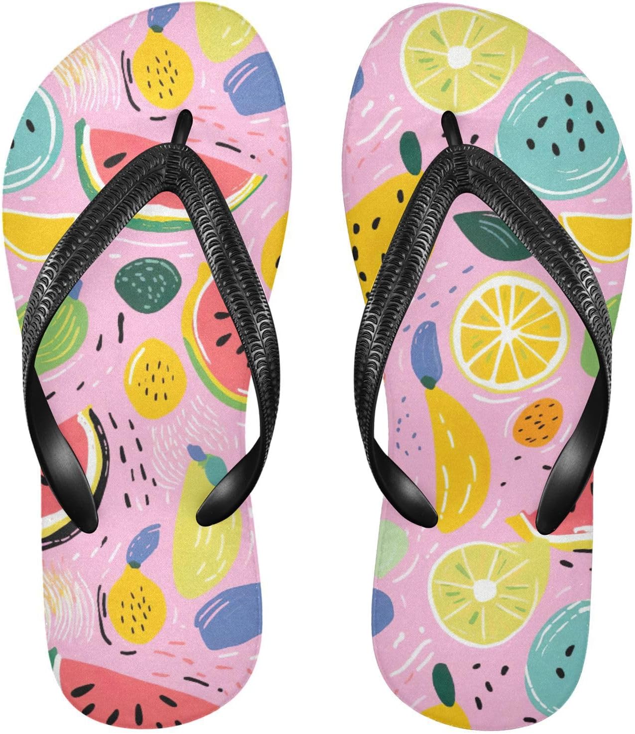

Яркие мультяшные фруктовые шлепанцы с ремешком для пляжа и душа, резиновые нескользящие летние тапочки для женщин и мужчин Sinestour, Colorful Cartoon Fruits