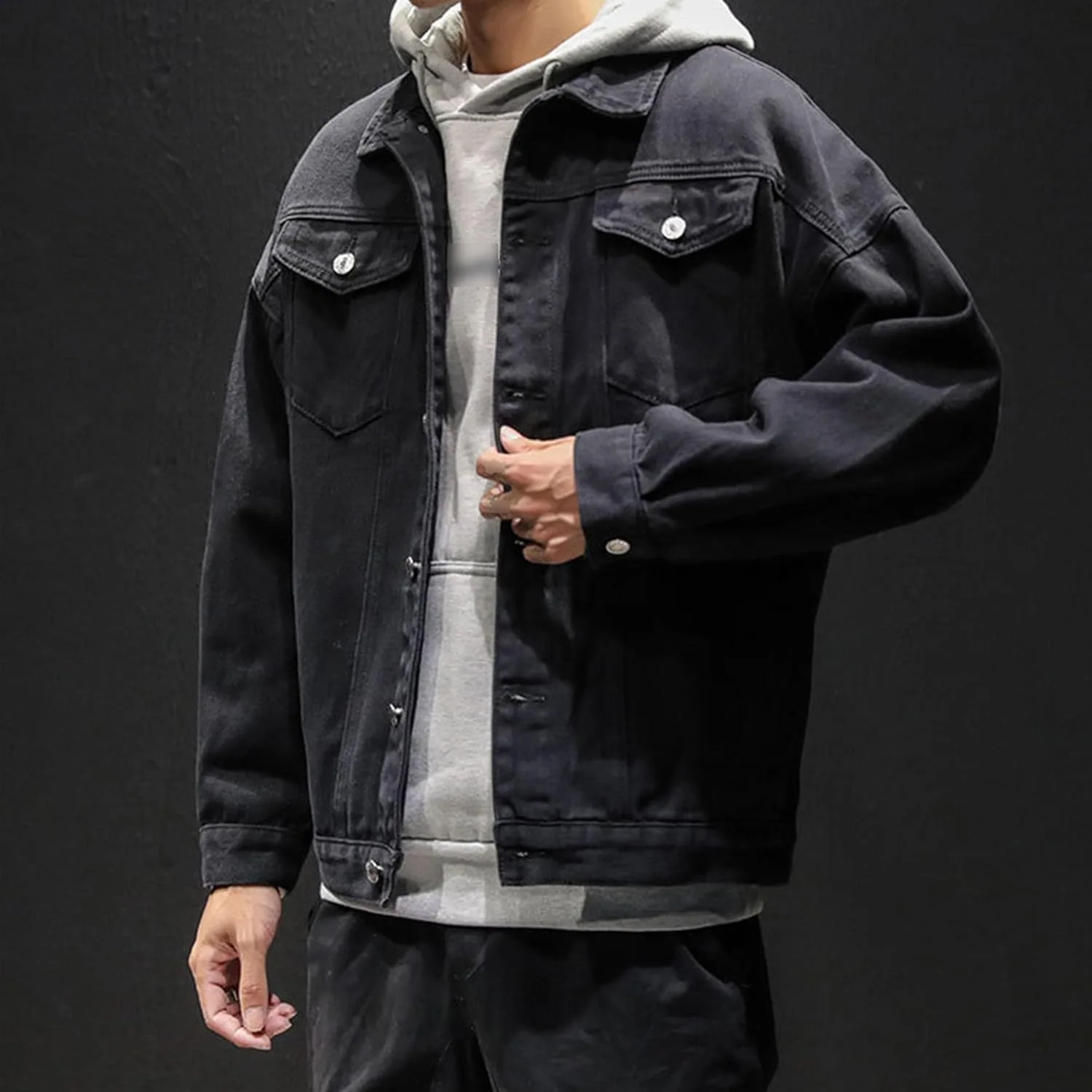 Мужская куртка-джинсовая парка в стиле Slim Fit Trucker, повседневная, состаренная Generic, черный — фото 4