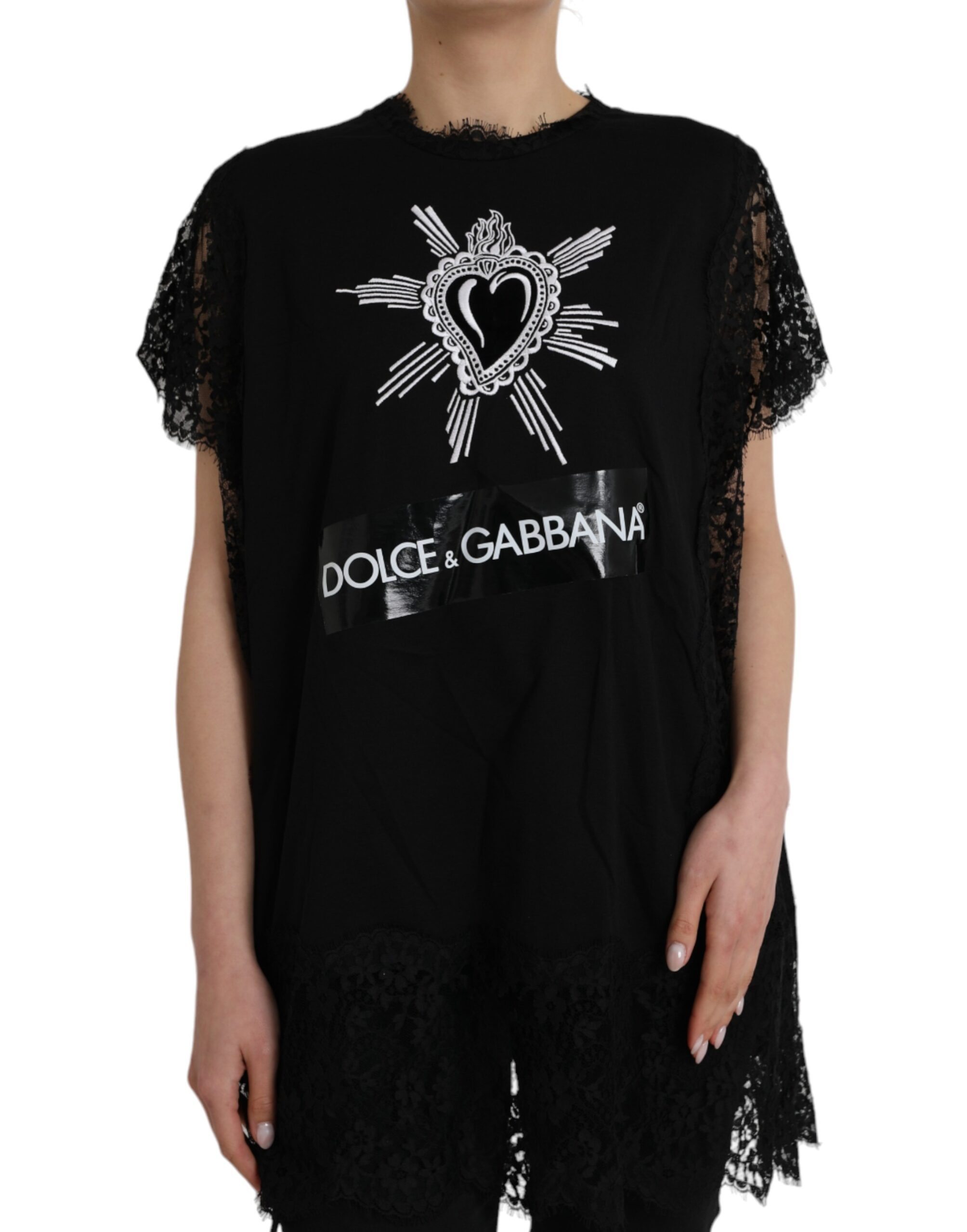 Черная футболка с принтом Sacred Heart из хлопкового кружева Dolce & Gabbana