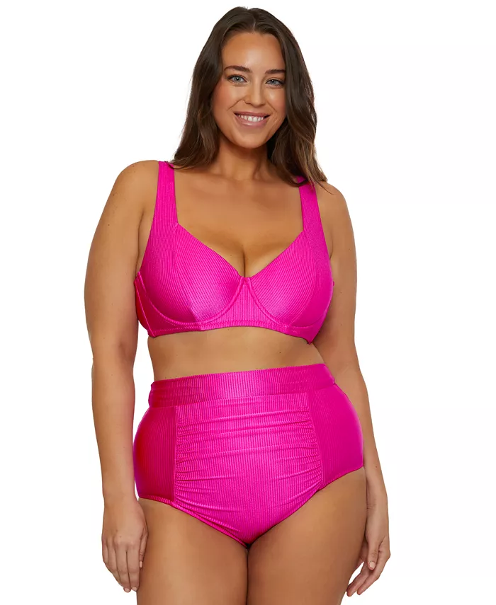 

Бикини-топ Becca ETC Plus Size на косточках в рубчик и плавки-бикини с высокой талией и сборками, розовый