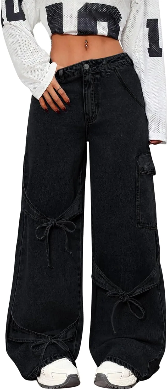 

Брюки-джинсы Baggy для женщин Y2K Wide Straight Leg Mid Rise с бантами