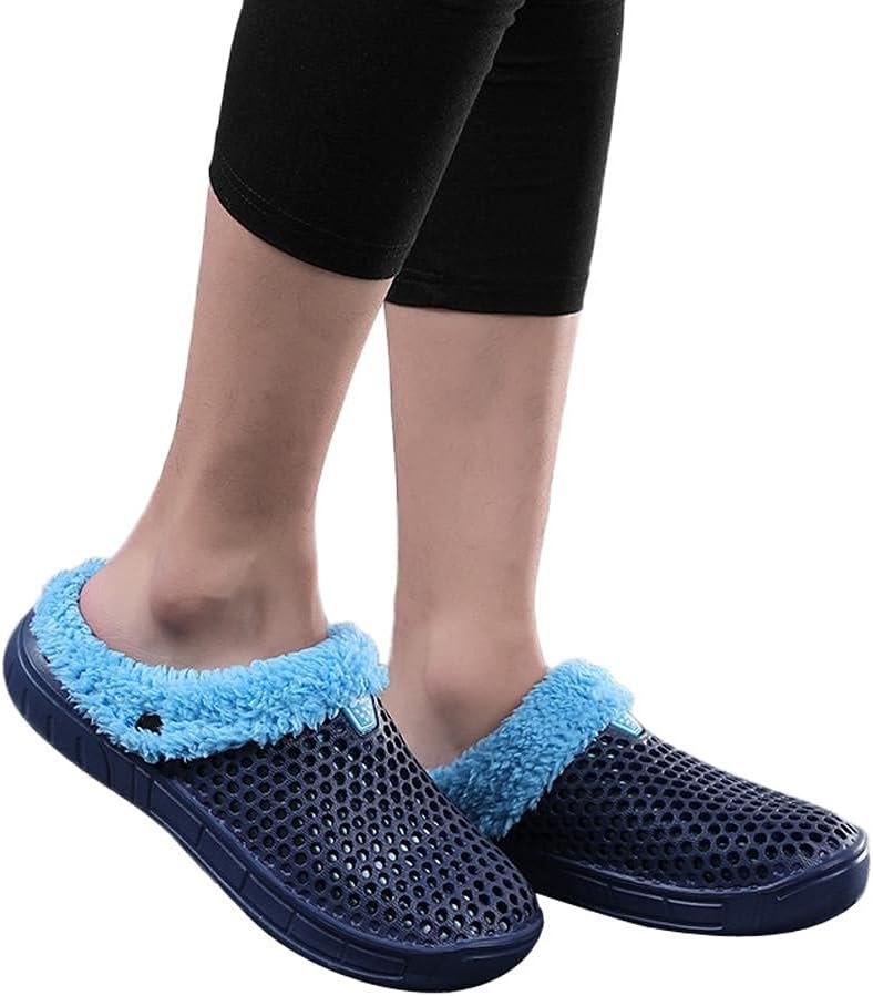 

Женские и мужские тапочки Hbeylia Fuzzy Mule Clogs, дышащие с вырезами, с мемори-пеной, домашние обувь, водонепроницаемые, с меховой подкладкой, для сада, зимние теплые домашние шлепанцы, для дома и улицы, пляжные мюли, синий