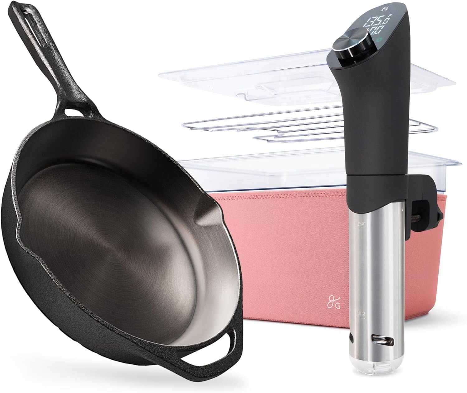 

Чугунная сковорода диаметром 10 дюймов с плитой Sous Vide и контейнером Sous Vide для Дня отца. Кораллово-розовый/Черный. Greater Goods