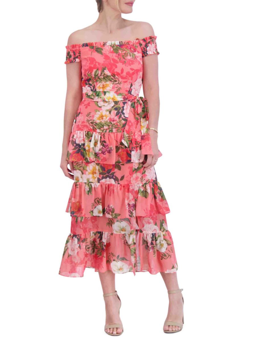 

Платье миди с открытыми плечами и цветочным принтом Eliza J, цвет Coral