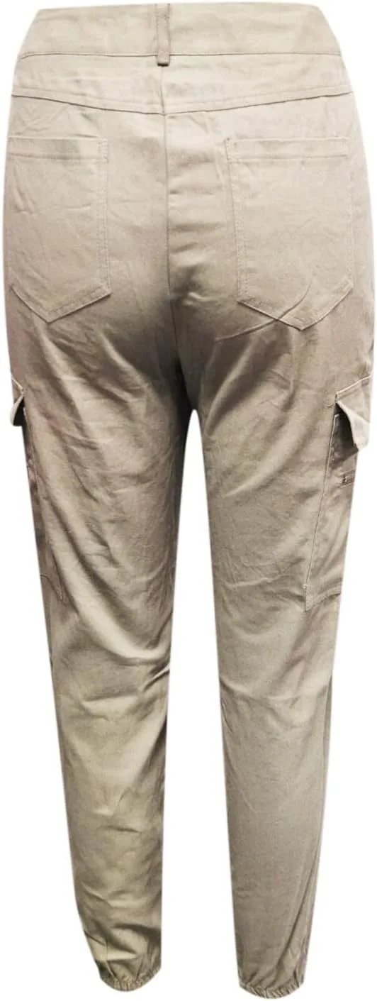 Женские брюки Mid Waist Skinny Casual Jogger Motorcycle Cargo с зауженным кроем, эластичные, с клапанами на карманах Generic, хаки — фото 4