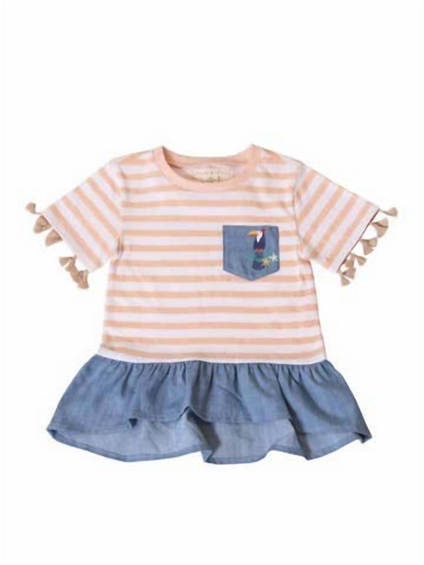 

Детская полосатая блузка с баской и кисточками в розовом цвете KINDERKIND
