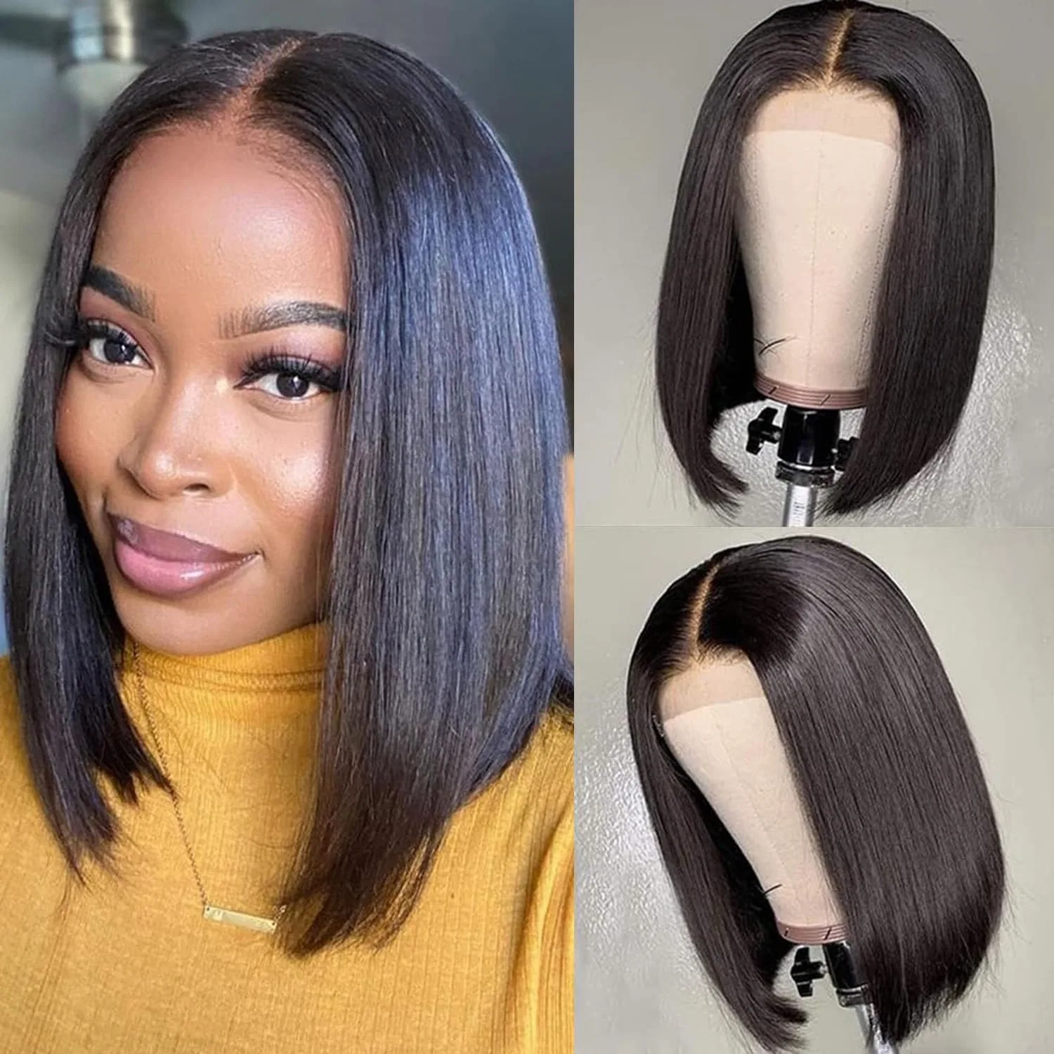 Бразильский парик-каре из натуральных волос 4x4 Lace Front Tnice, #1B — фото 2