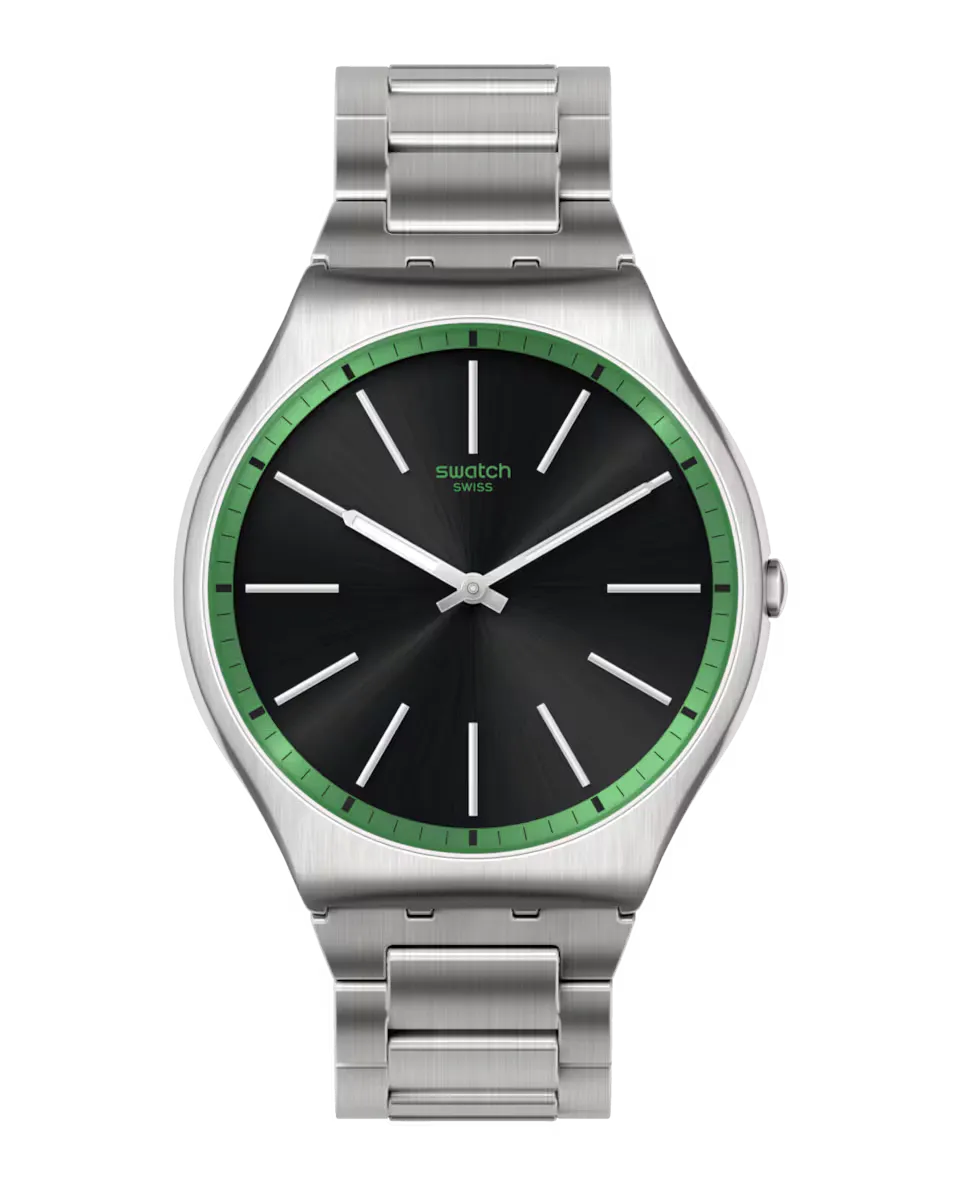

Зеленые графитовые часы с серым стальным ремешком Swatch, серый