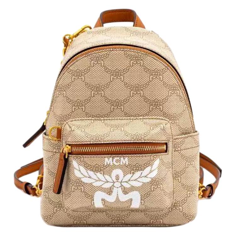 

MCM Женский рюкзак экстра мини из прорезиненной ткани с кожаной спинкой бежевый