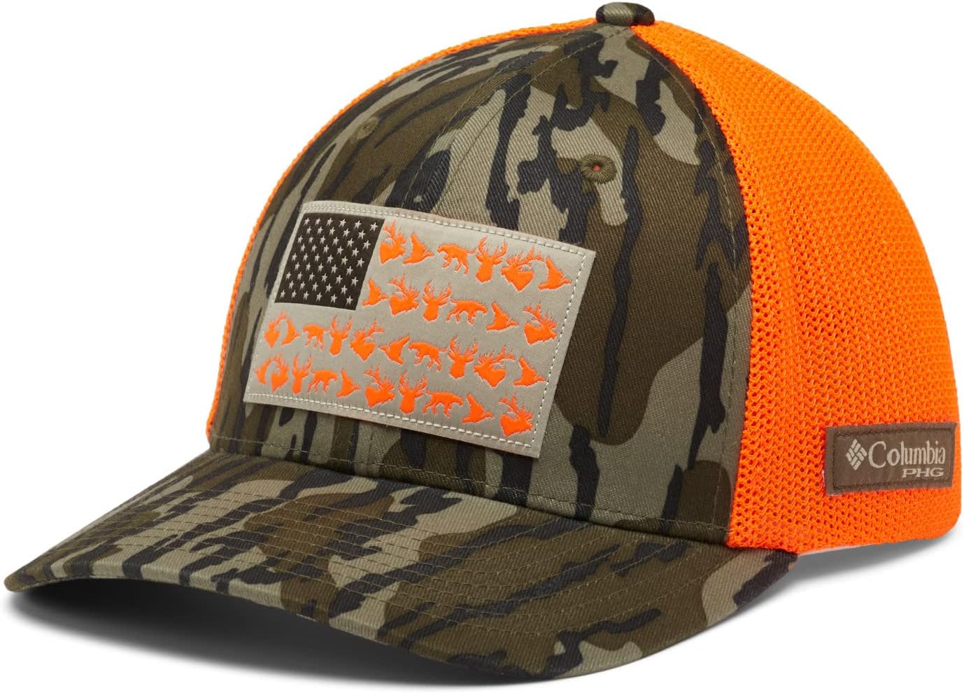 

Бейсболка Columbia Unisex-Adult PHG Camo Mesh, Mossy Oak Bottomland, Blaze Game Flag