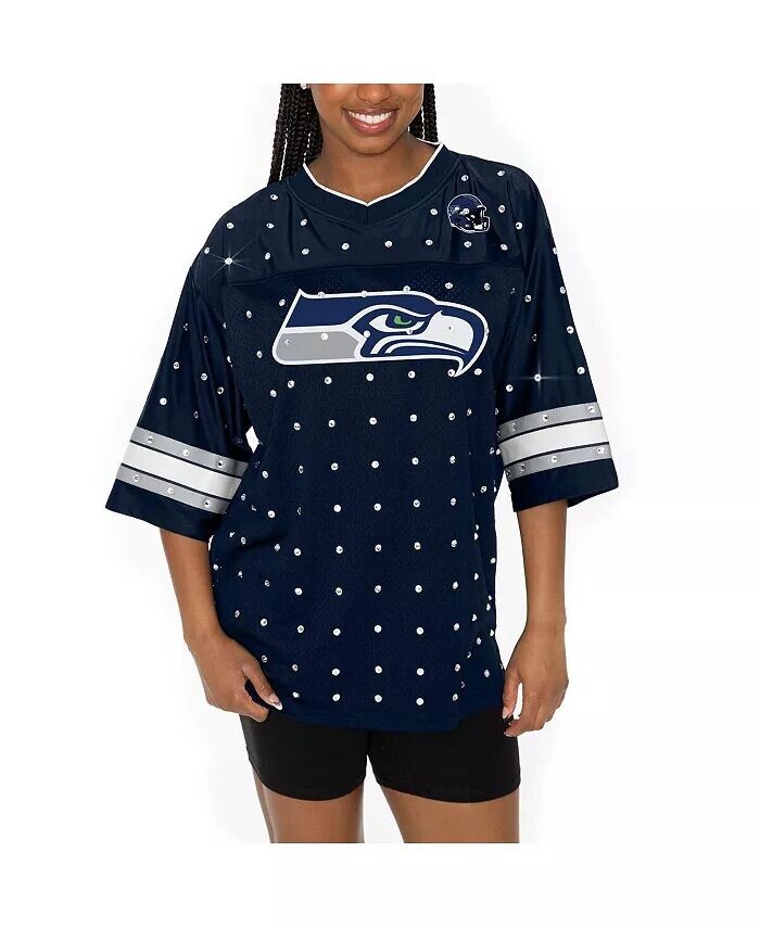 

Женская футболка College Navy Seattle Seahawks Kickoff Time со стразами и полосками, V-образным вырезом Gameday Couture