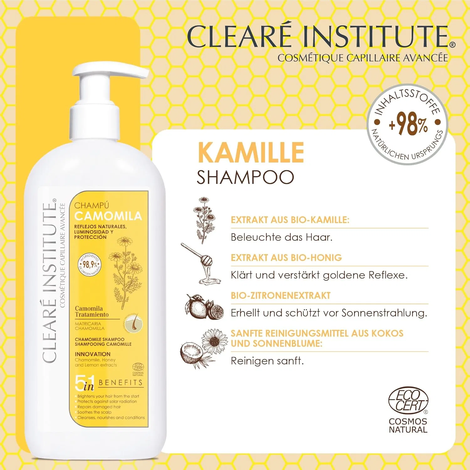 Шампунь «Chamomile» для золотистых бликов от Clearé Institute, 98% натуральных ингредиентов Clearé Institute — фото 3