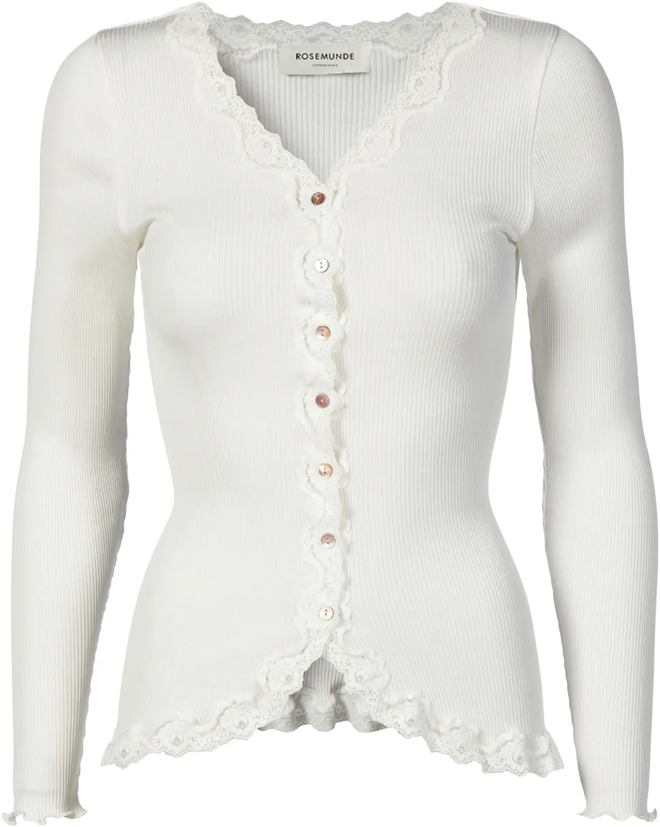 

Кардиган Rosemunde "Babette Silk Cardigan", отделка из винтажного кружева по вырезу и планка с перламутровыми пуговицами, белый