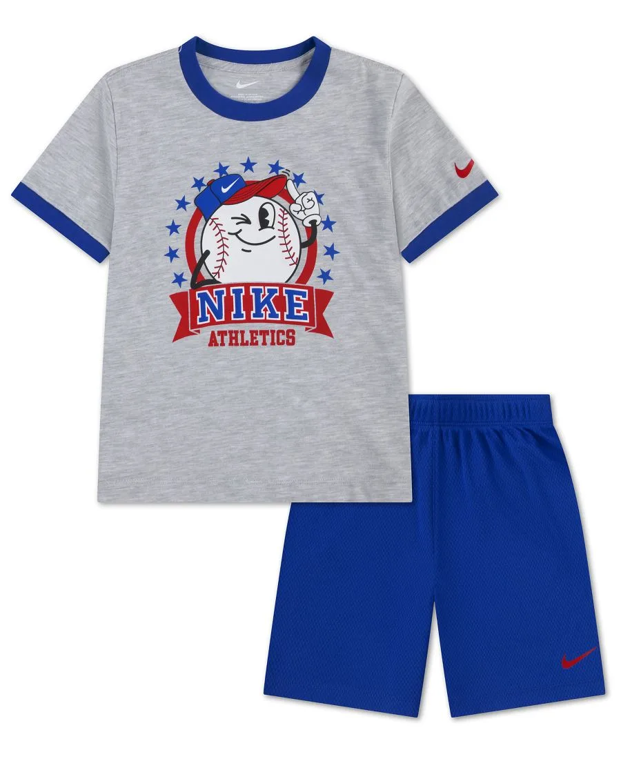 Детский комплект из футболки с коротким рукавом и шорт Dri-FIT с изображением бейсбольных персонажей (4-7 лет), Nike, game royal/heather серый