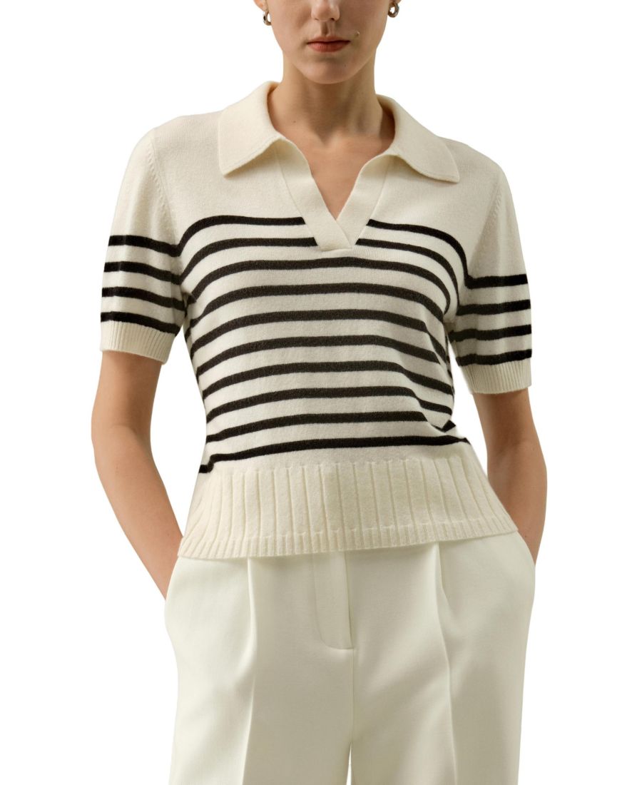 

Женский полосатый кашемировый поло-свитер LILYSILK, Black striped